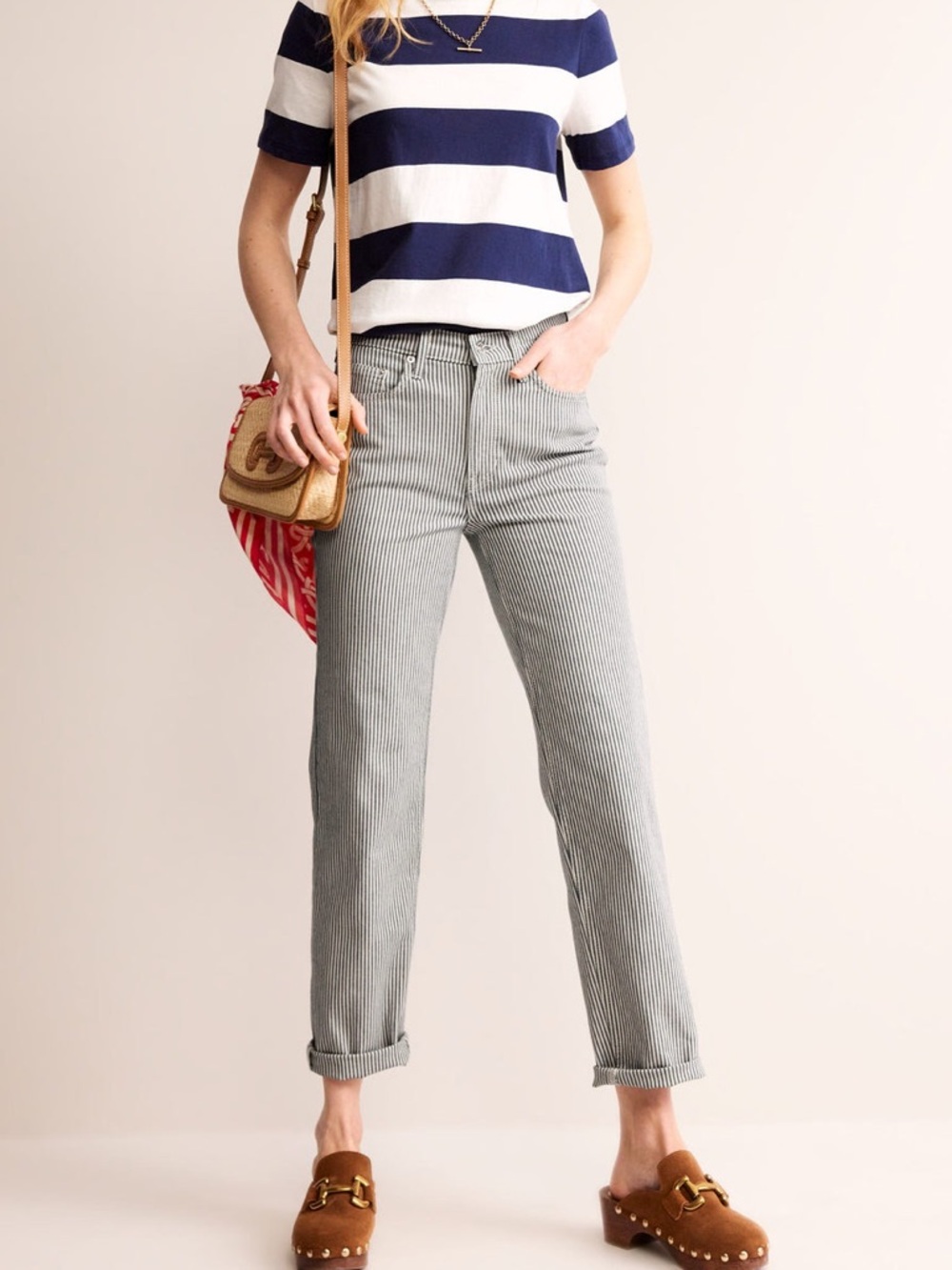 Boden Womens Railroad Stripe Mid Rise Slim Leg Jeans Blue White 34x26